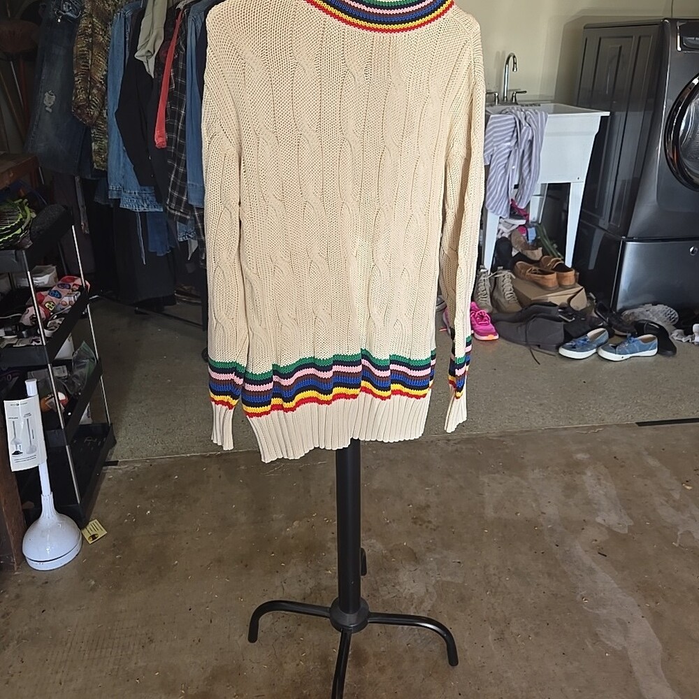 NWT 2 Sizes M and LCream Cable-Knit V-Neck Sweater with Rainbow Stripe Trim - Picture 3 of 3